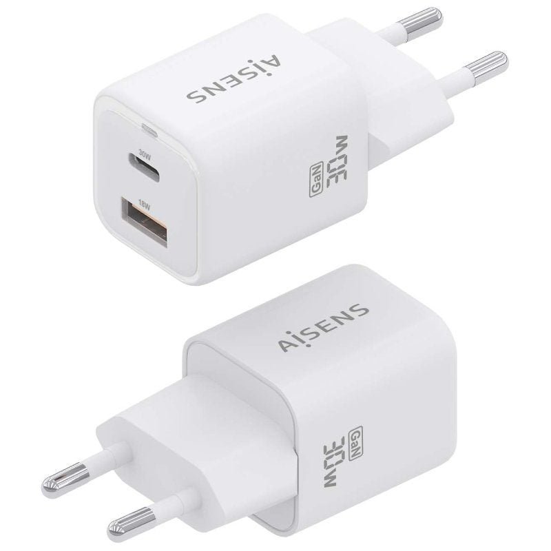 Cargador de Pared GaN Aisens ASCH-30W2P020-W/ 1xUSB Tipo-C/ 1xUSB/ 30W - изображение 2