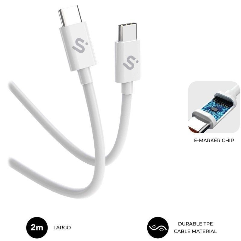 Cable USB 2.0 Tipo-C Subblim Cable Plus/ USB Tipo-C Macho - USB Tipo-C Macho/ Hasta 100W/ 480Mbps/ 2m/ Blanco - изображение 2