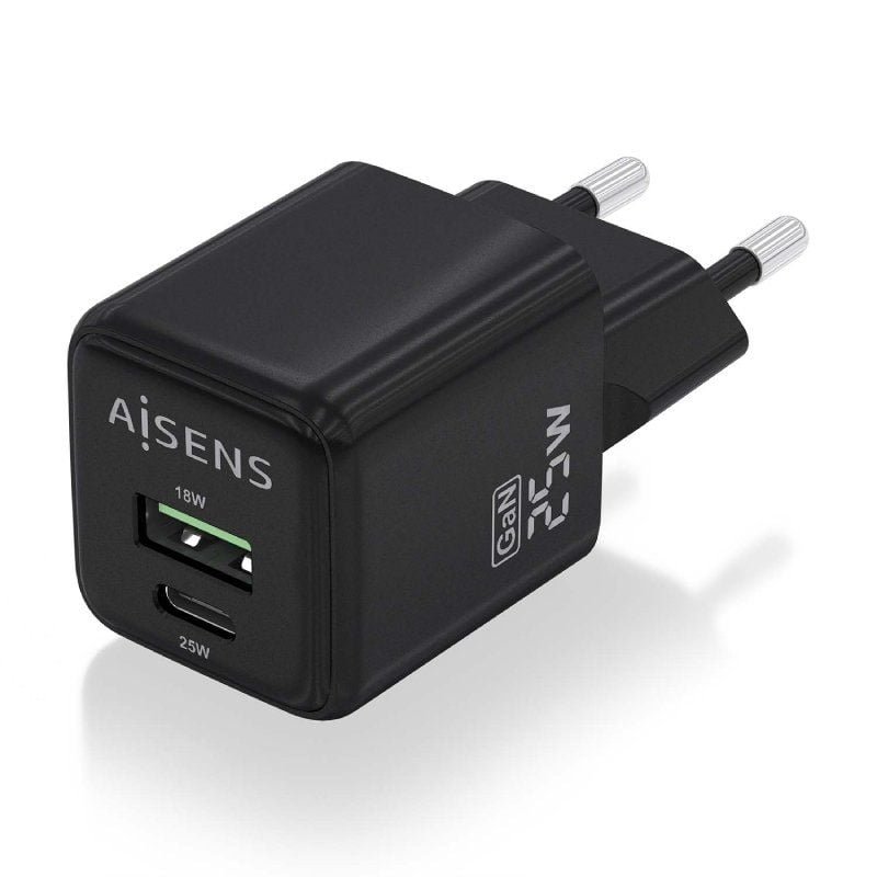 Cargador de Pared GaN Aisens ASCH-25W2P015-BK/ 1xUSB Tipo-C/ 1xUSB/ 25W - изображение 2