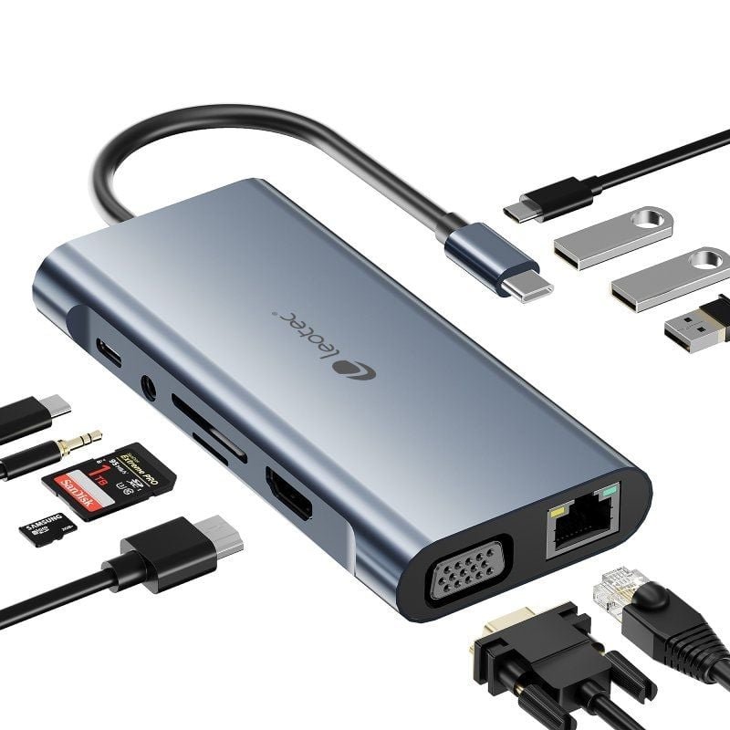 Docking USB Tipo-C Leotec LEDS01/ 3xUSB/ 2xUSB Tipo-C/ 1xUSB Tipo-C PD/ 1xHDMI 4K/ 1xVGA/ 1xRJ45/ 1xAudio/ 1xLector Tarjetas SD y MicroSD/ Gris - изображение 5