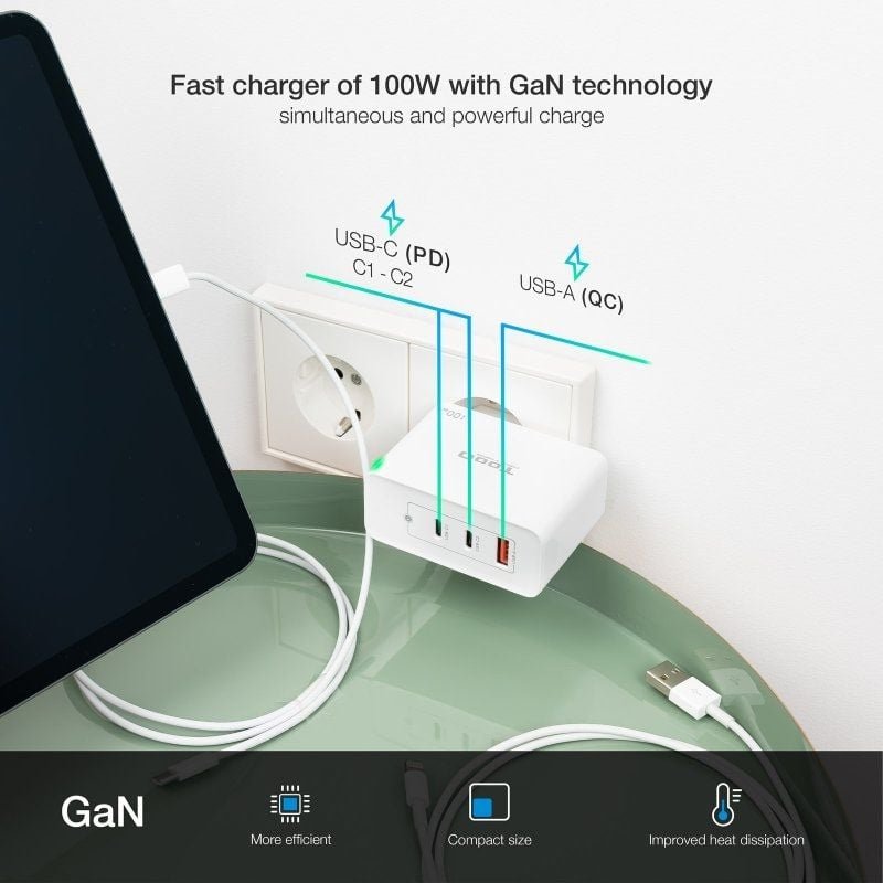 Cargador de Pared GaN TooQ TQWC-GANQC2PD100W/ 2xUSB Tipo-C/ 1xUSB/ 100W - изображение 4
