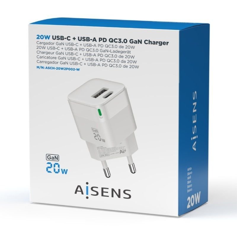 Cargador de Pared GaN Aisens ASCH-20W2P002-W/ 1xUSB Tipo-C/ 1xUSB/ 20W - изображение 4
