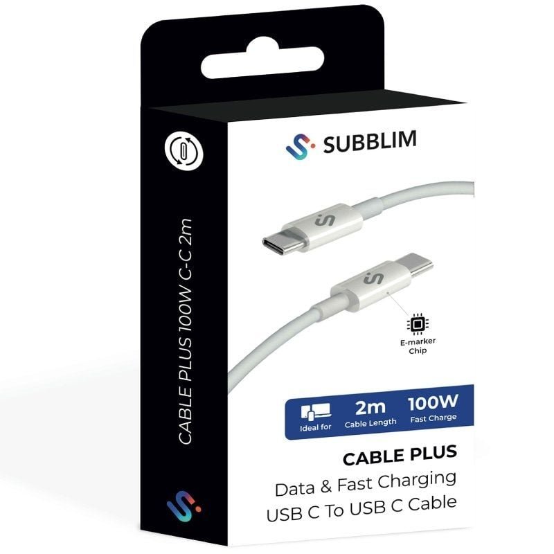 Cable USB 2.0 Tipo-C Subblim Cable Plus/ USB Tipo-C Macho - USB Tipo-C Macho/ Hasta 100W/ 480Mbps/ 2m/ Blanco - изображение 5