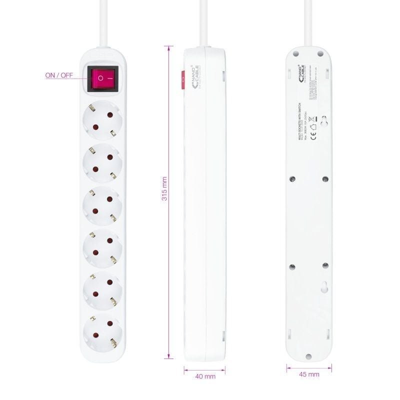 Regleta con Interruptor Nanocable 10.37.0006/ 6 Tomas de Corriente/ Cable 1.4m/ Blanca - изображение 3