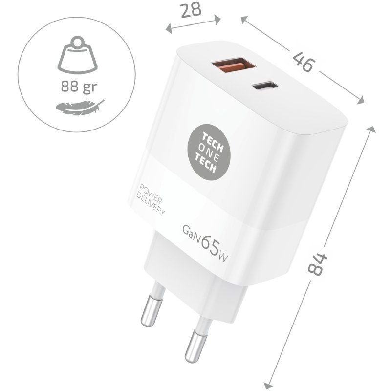 Cargador de Pared GaN Tech One Tech GaN TEC2270/ 1xUSB Tipo-C/ 1xUSB/ 65W/ Blanco - изображение 2