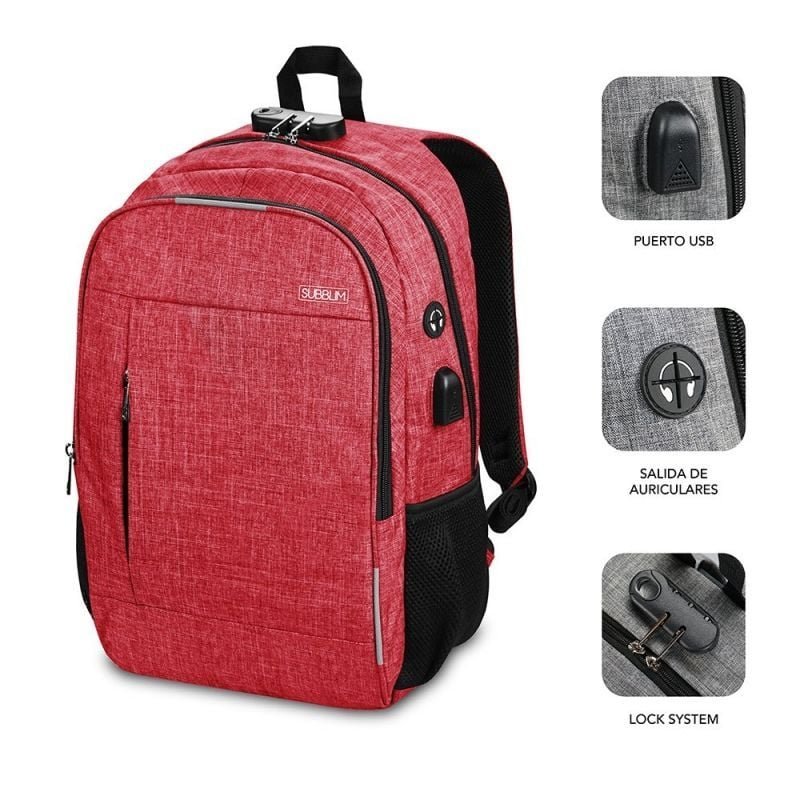 Mochila Subblim Urban Lock para Portátiles hasta 16"/ Puerto USB/ Antirrobo/ Roja - изображение 3