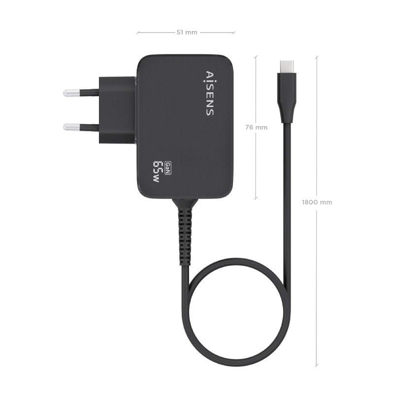 Cargador de Pared GaN Aisens ASCH-1PD65WL033-BK/ 1xUSB Tipo-C + Cable 1.8m/ 65W - изображение 4