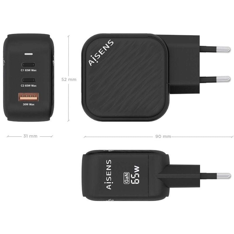 Cargador de Pared GaN Aisens ASCH-65W3P027-BK/ 2xUSB Tipo-C/ 1xUSB/ 65W - изображение 4