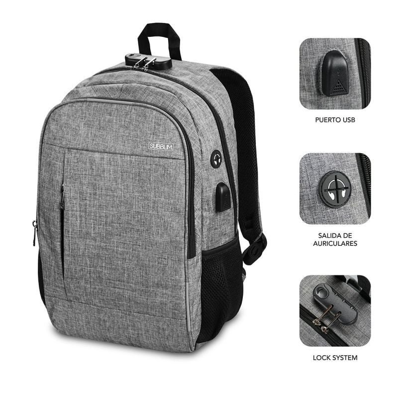 Mochila Subblim Urban Lock para Portátiles hasta 16"/ Puerto USB/ Antirrobo/ Gris - изображение 2