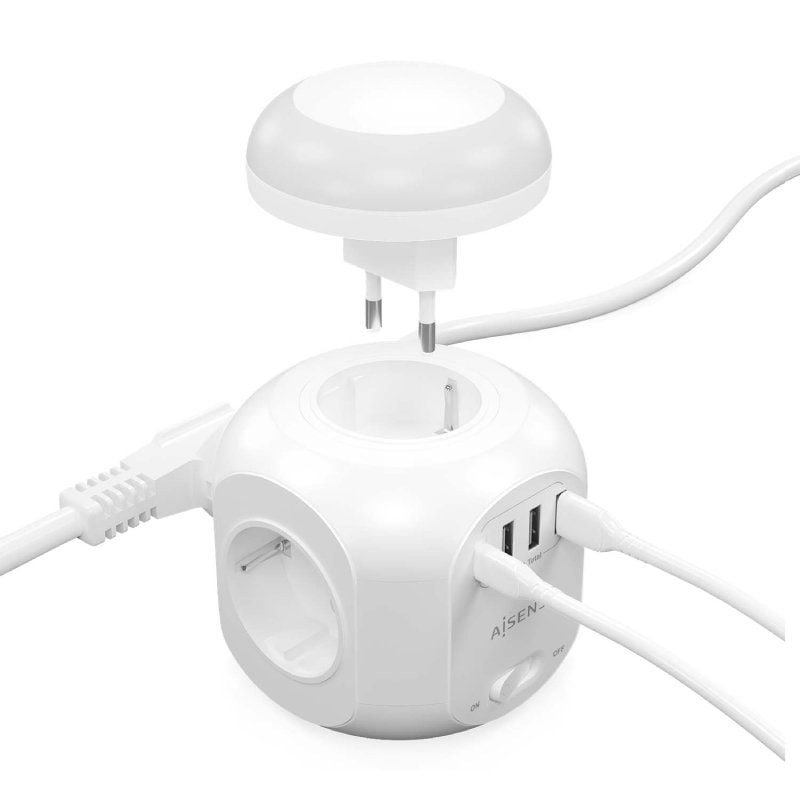 Regleta con Interruptor y Luz Nocturna Aisens ASPS-3A1CL01-W/ 4 Tomas de Corriente/ 1 USB Tipo-C/ 3 USB/ Cable 1.8m/ Blanco - изображение 3