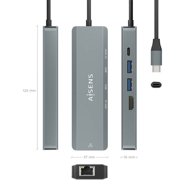Docking USB Tipo-C Aisens ASUC-5P011-GR/ 1xHDMI/ 2xUSB/ 1xRJ45/ 1xUSB Tipo-C/ 1xUSB Tipo-C PD/ Gris - изображение 4