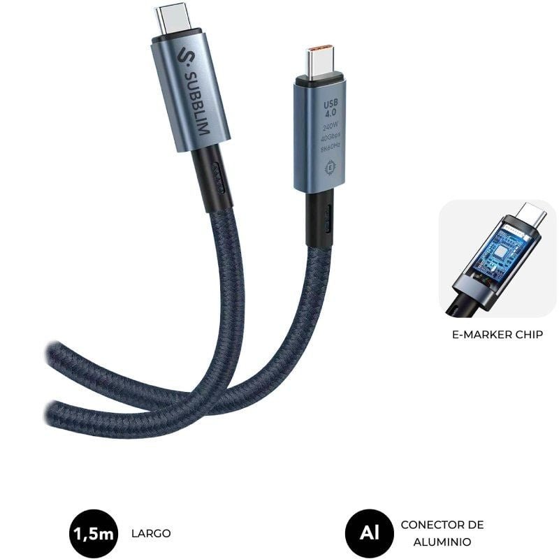 Cable USB 4.0 Tipo-C Subblim Cable High/ USB Tipo-C Macho - USB Tipo-C Macho/ Hasta 240W/ 1.5m/ Negro - изображение 2