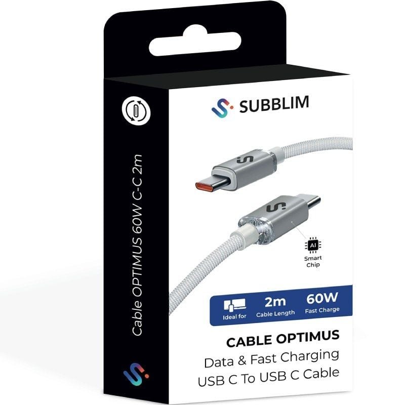 Cable USB 2.0 Tipo-C Subblim Optimus/ USB Tipo-C Macho - USB Tipo-C Macho/ Hasta 60W/ 480Mbps/ 2m/ Blanco - изображение 5