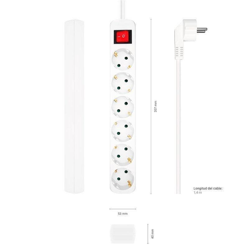 Regleta con Interruptor Aisens A154-0535/ 6 Tomas de Corriente/ Cable 1.4m/ Blanco - изображение 3