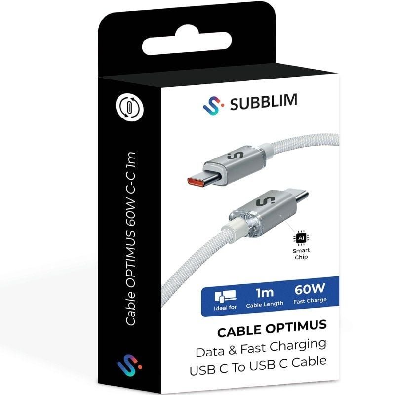 Cable USB 2.0 Tipo-C Subblim Optimus/ USB Tipo-C Macho - USB Tipo-C Macho/ Hasta 60W/ 480Mbps/ 1m/ Blanco - изображение 5