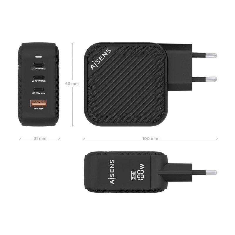 Cargador de Pared GaN Aisens ASCH-100W4P029-BK/ 3xUSB Tipo-C/ 1x USB/ 100W - изображение 4