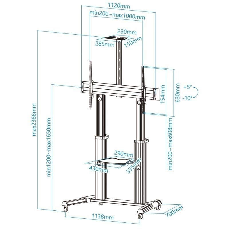 Soporte de Suelo Inclinable/ Ajustable con Ruedas TooQ FS20300M-B para TV de 60-100"/ hasta 100kg - изображение 5