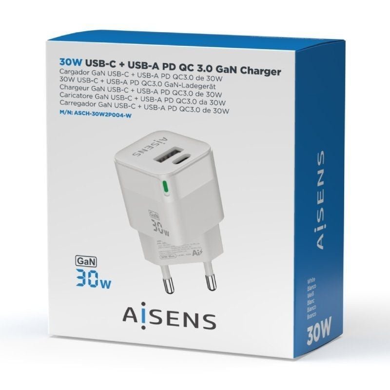 Cargador de Pared GaN Aisens ASCH-30W2P004-W/ 1xUSB Tipo-C/ 1xUSB/ 30W - изображение 4