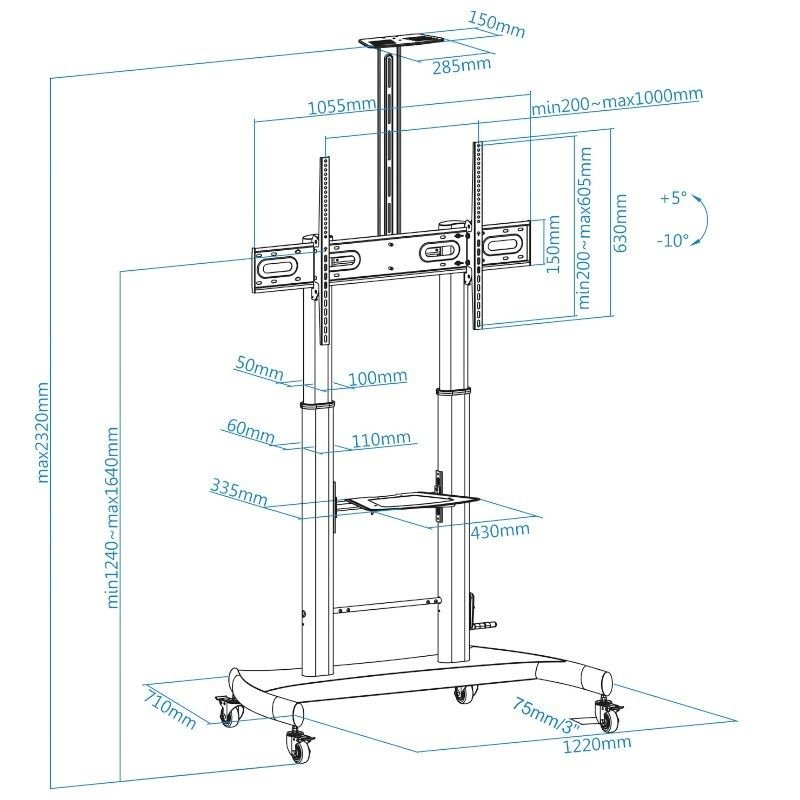 Soporte de Suelo con Ruedas Inclinable/ Nivelable TooQ FS20404HM-B para TV de 60-100"/ hasta 100kg - изображение 5