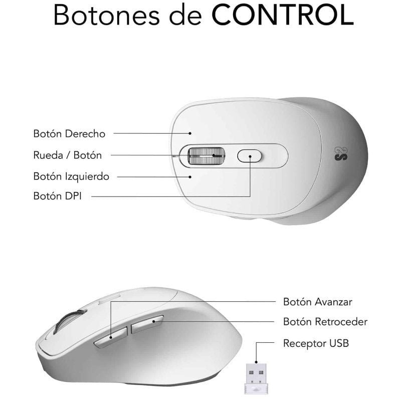 Ratón Ergonómico Inalámbrico por Bluetooth/ 2.4GHz Subblim Comfort Ergo Dual Battery/ Batería recargable/ Hasta 2400 DPI/ Blanco - изображение 2