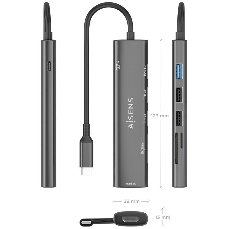 Docking USB Tipo-C Aisens ASUC-7P025-GR/ 1xHDMI/ 3xUSB/ 1xUSB Tipo-C PD/ 1xLector Tarjetas/ Gris - изображение 4
