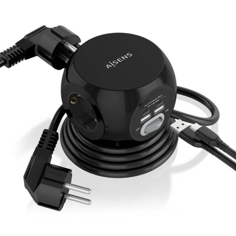 Regleta con Interruptor Aisens ASPS-2A2C05-BK/ 3 Tomas de Corriente/ 2 USB Tipo-C/ 2 USB/ Cable 1.4m/ Negro - изображение 2