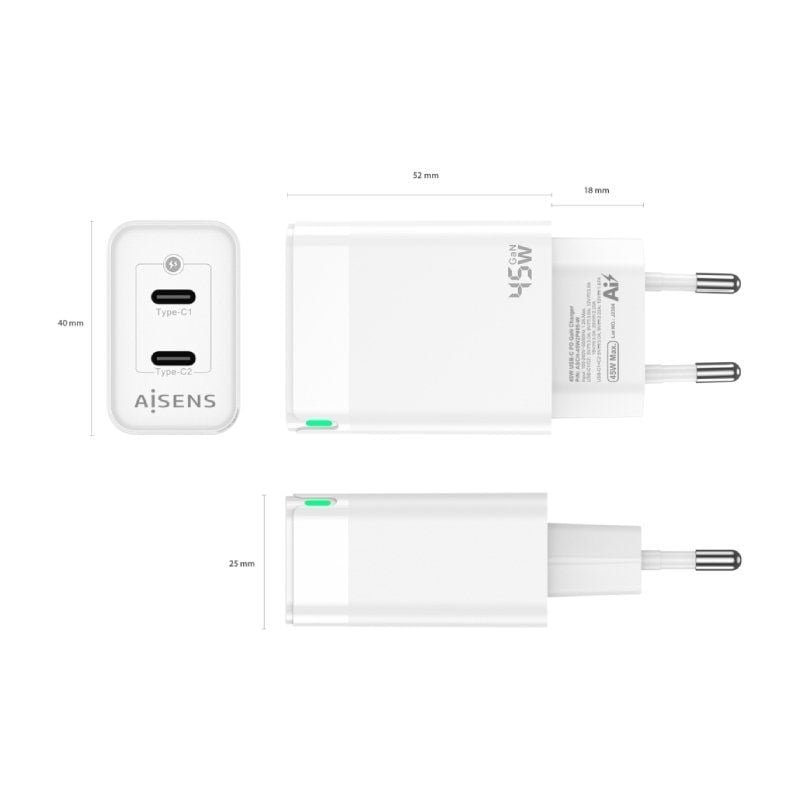Cargador de Pared GaN Aisens ASCH-45W2P005-W/ 2xUSB Tipo-C/ 45W - изображение 3