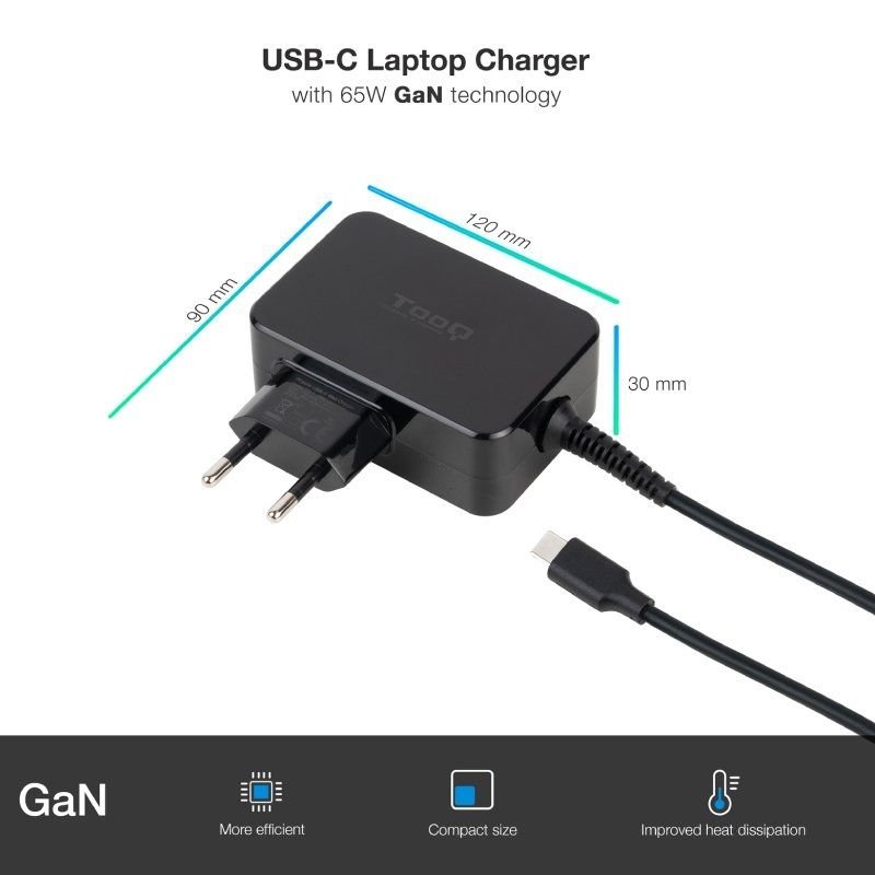 Cargador de Portátil GaN TooQ TQLC-USBCGAN65PD USB Tipo-C/ 65W/ Automático/ Voltaje 5-20V - изображение 2