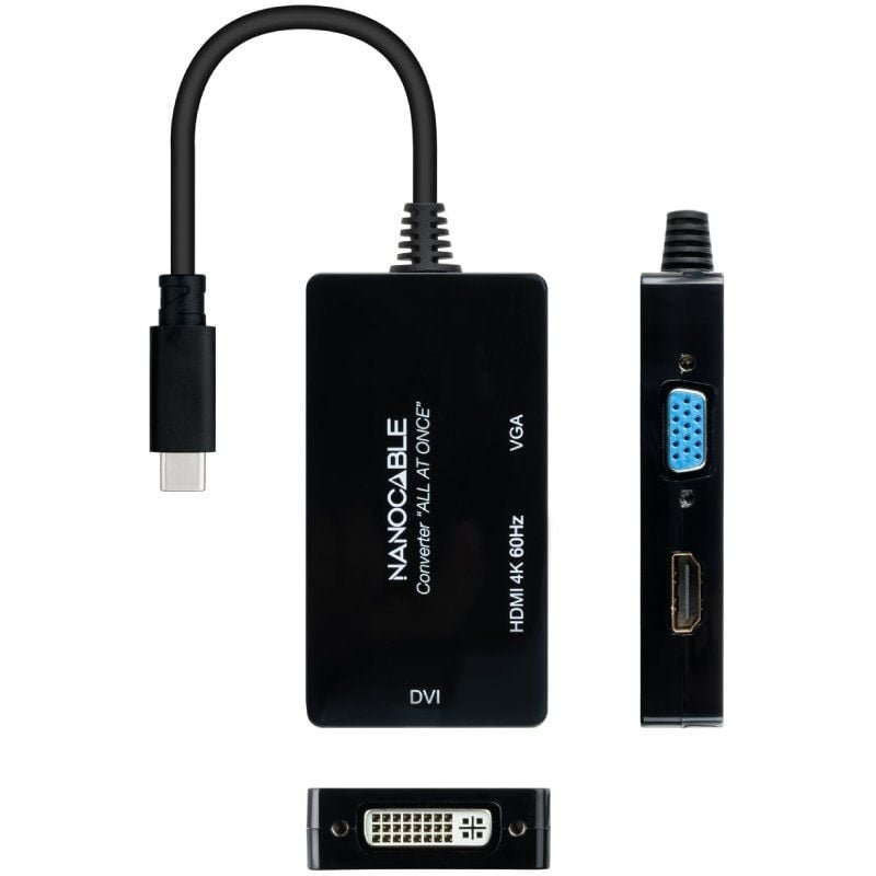 Conversor Nanocable 10.16.4301-ALL/ USB Tipo-C Macho - HDMI Hembra - DVI-I Hembra - VGA Hembra/ 20cm/ Negro - изображение 3