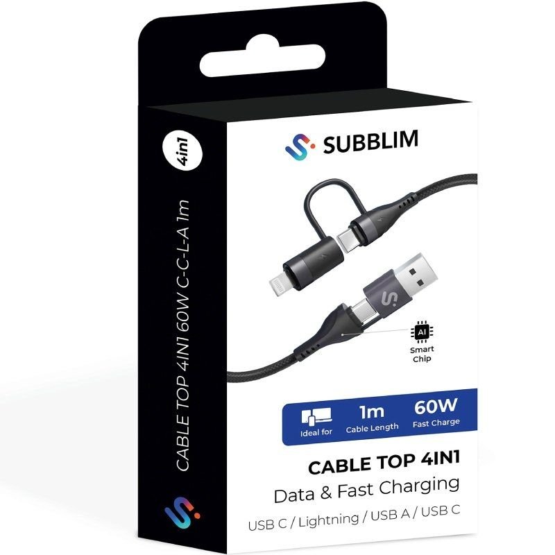 Cable USB 2.0 Tipo-C Subblim Top 4 en 1/ USB Tipo-C Macho - USB Macho/ USB Tipo-C Macho - Lightning Macho/ Hasta 60W/ 480Mbps/ 1m/ Negro - изображение 5