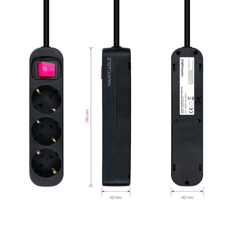 Regleta con Interruptor Nanocable 10.38.0003-BK/ 3 Tomas de Corriente/ Cable 1.4m/ Negra - изображение 3