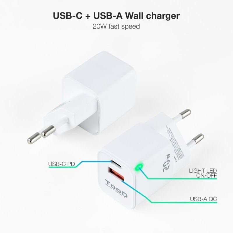 Cargador de Pared TooQ TQWC-QCPD20WT/ 1xUSB-Tipo C/ 1x USB/ 20W/ Blanco - изображение 2