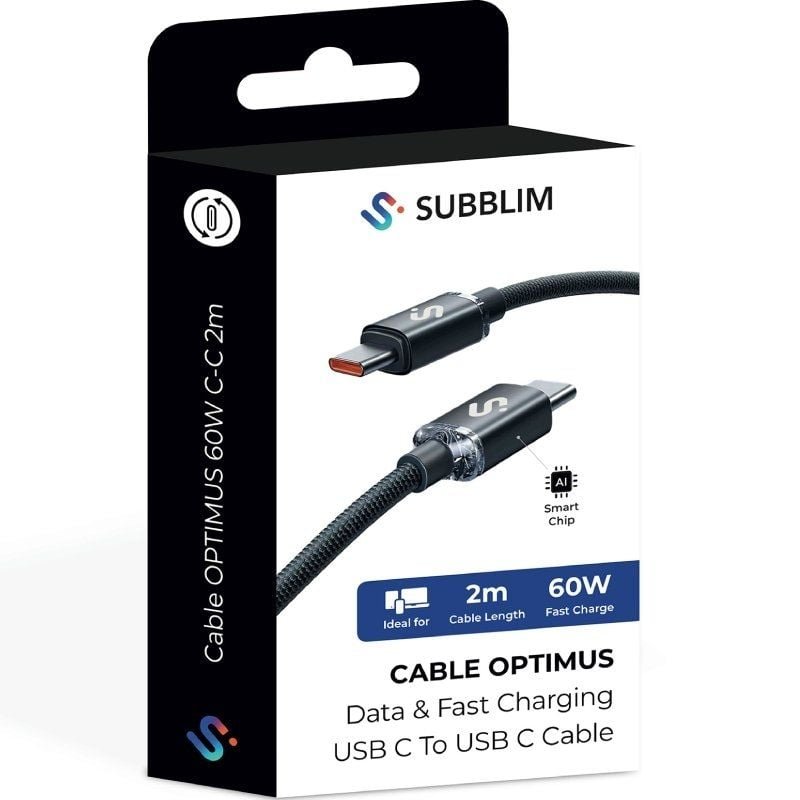 Cable USB 2.0 Tipo-C Subblim Optimus/ USB Tipo-C Macho - USB Tipo-C Macho/ Hasta 60W/ 480Mbps/ 2m/ Negro - изображение 5