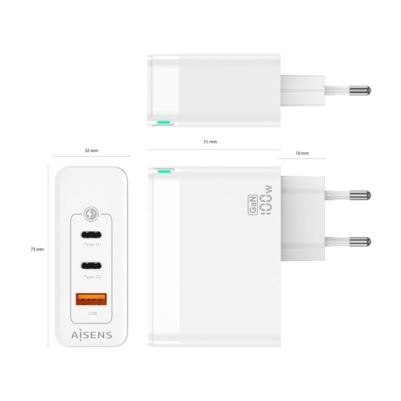 Cargador de Pared GaN Aisens ASCH-100W3P008-W/ 2xUSB Tipo-C/ 1x USB/ 100W - изображение 4