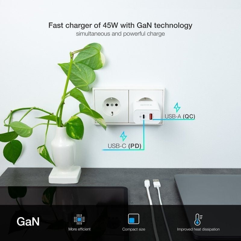 Cargador de Pared GaN TooQ TQWC-GANQCPD45WT/ 1xUSB Tipo-C/ 1xUSB/ 45W - изображение 3