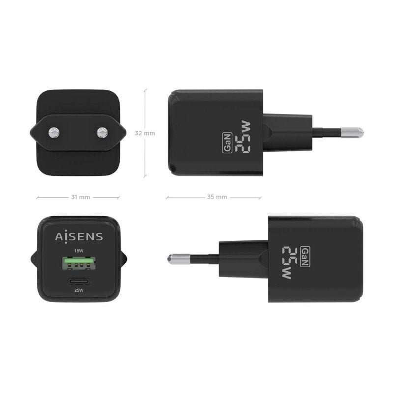 Cargador de Pared GaN Aisens ASCH-25W2P015-BK/ 1xUSB Tipo-C/ 1xUSB/ 25W - изображение 4