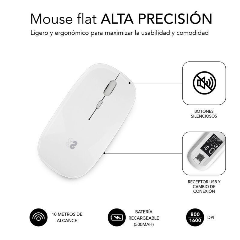 Ratón Inalámbrico por Bluetooth Subblim Dual Flat/ Batería recargable/ Hasta 1600 DPI/ Blanco - изображение 2