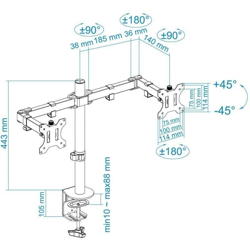 Soporte de Mesa para 2 Monitores TooQ DB1232TN-B/ Giratorio/ Inclinable/ hasta 8kg - изображение 5