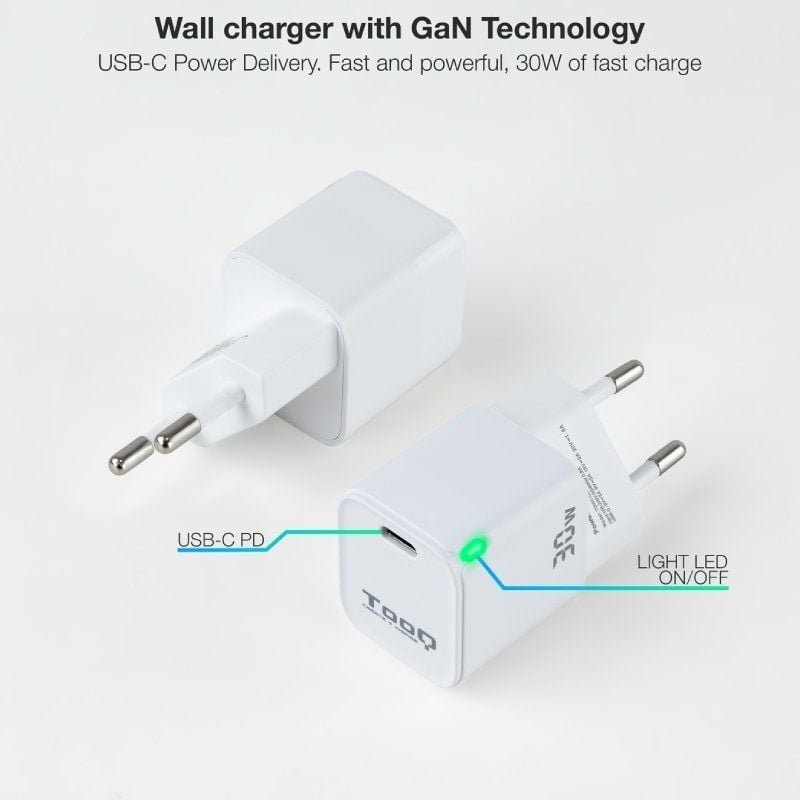 Cargador de Pared GaN TooQ TQWC-GANPD30WT/ 1xUSB Tipo-C/ 30W - изображение 2