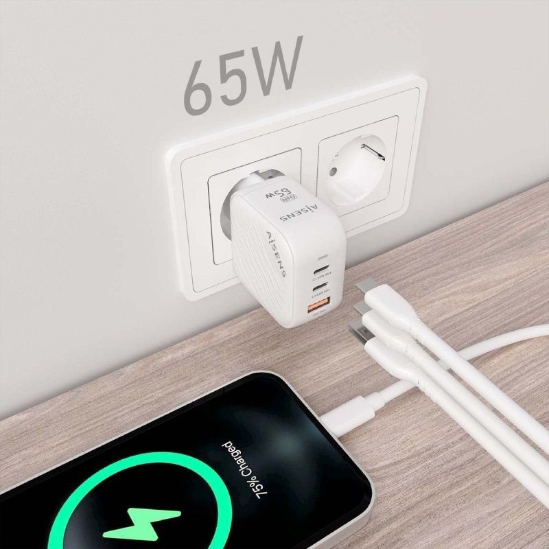 Cargador de Pared GaN Aisens ASCH-65W3P026-W/ 2xUSB Tipo-C/ 1xUSB/ 65W - изображение 5