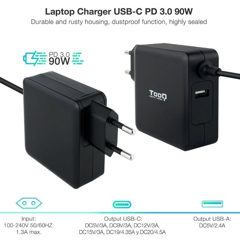 Cargador de Portátil TooQ TQLC-USBC90PD USB Tipo-C/ 90W/ Automático/ Voltaje 5-20V - изображение 2