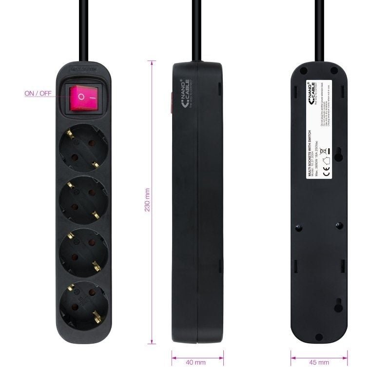 Regleta con Interruptor Nanocable 10.37.0004-BK/ 4 Tomas de Corriente/ Cable 1.4m/ Negro - изображение 3