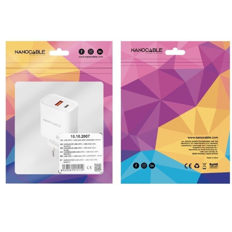 Cargador de Pared Nanocable 10.10.2007/ 1xUSB/ 1xUSB Tipo-C/ 20W/ Blanco - изображение 2