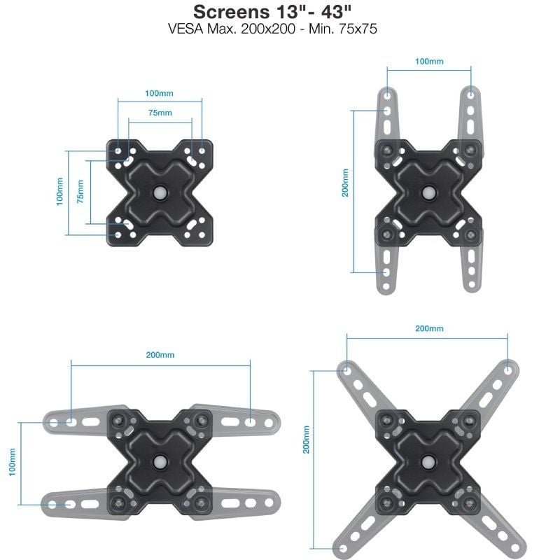 Soporte de Pared Extensible/ Giratorio/ Inclinable TooQ LP1345TN-B para TV de 13-43"/ hasta 20kg - изображение 2
