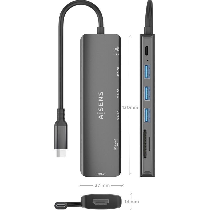 Docking USB Tipo-C Aisens ASUC-7P025-GR/ 1xHDMI/ 3xUSB/ 1xUSB Tipo-C PD/ 1xLector Tarjetas/ Gris - изображение 4