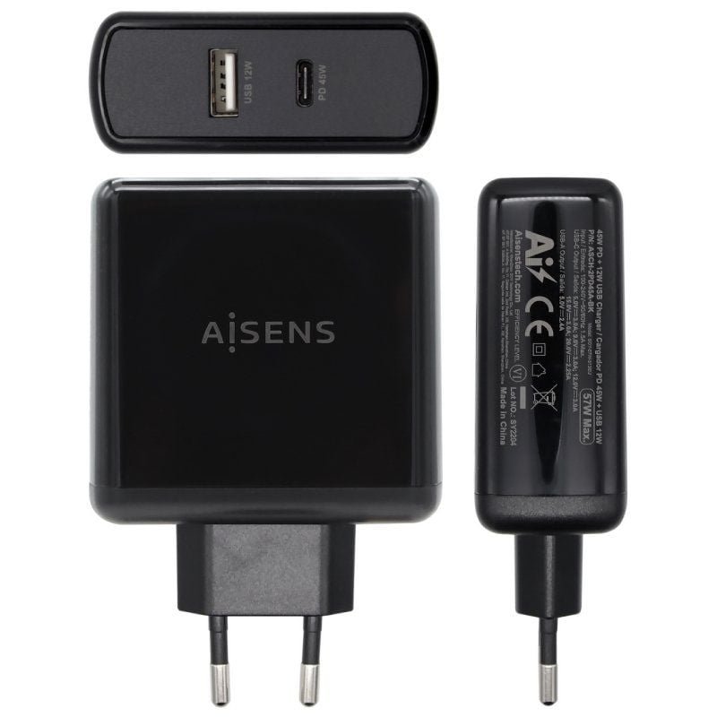 Cargador de Pared Aisens ASCH-2PD45A-BK/ 1xUSB Tipo-C/ 1x USB/ 57W - изображение 2