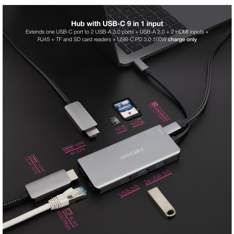 Docking Tipo-C Nanocable 10.16.1009/ 3xUSB/ 2xHDMI 4K/ 1xRJ45/ 1xLector tarjetas/ 1xUSB Tipo-C PD/ Gris - изображение 3