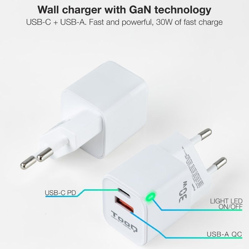Cargador de Pared GaN TooQ TQWC-GANQCPD30WT/ 1xUSB Tipo-C/ 1xUSB/ 30W - изображение 2