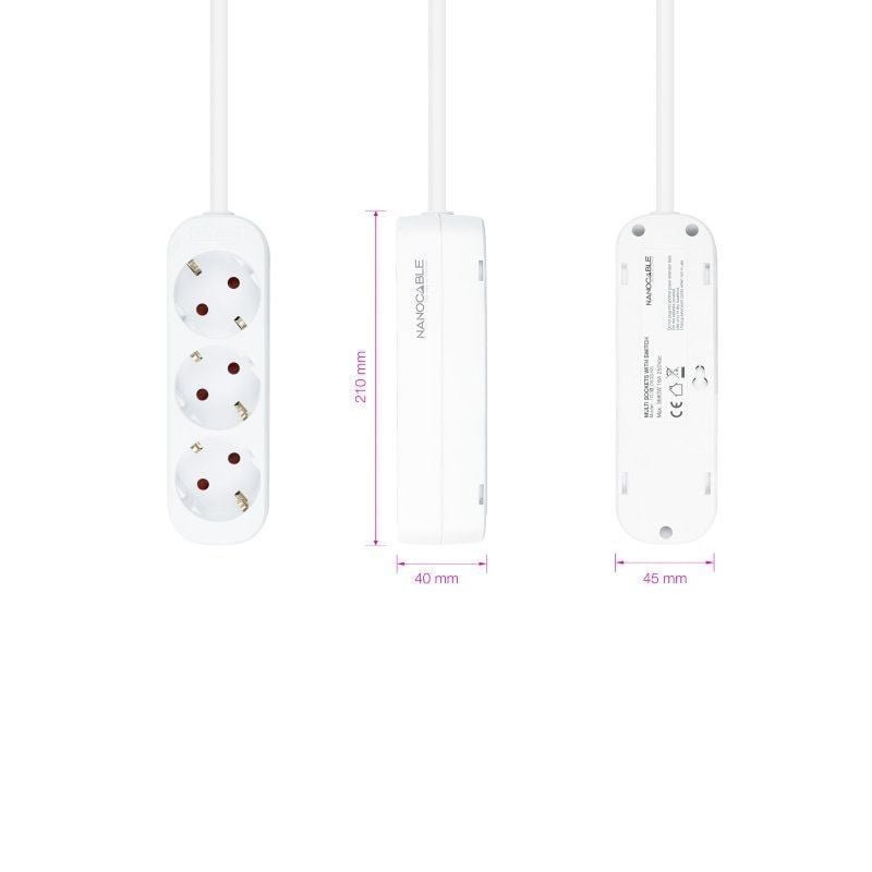 Regleta Nanocable 10.38.0003-NS/ 3 Tomas de Corriente/ Cable 1.4m/ Blanca - изображение 3