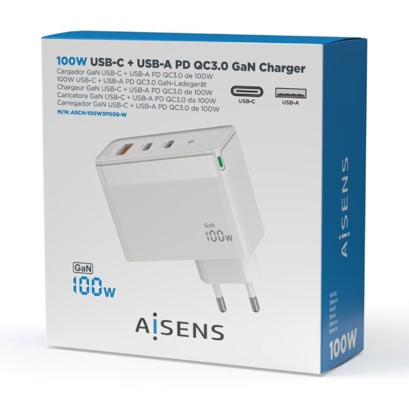 Cargador de Pared GaN Aisens ASCH-100W3P008-W/ 2xUSB Tipo-C/ 1x USB/ 100W - изображение 5